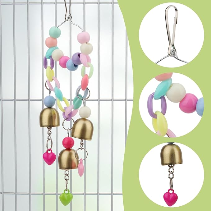 Hypeety Bird Bells Toy Hanging Cage Bell with Sweet Sound Colorful Wood Beads Bells for Lovebirds African Greys Cockatoo Macaw Parakeet Cage Hanging Perch Toy (Bell Toy-3 Bells)
