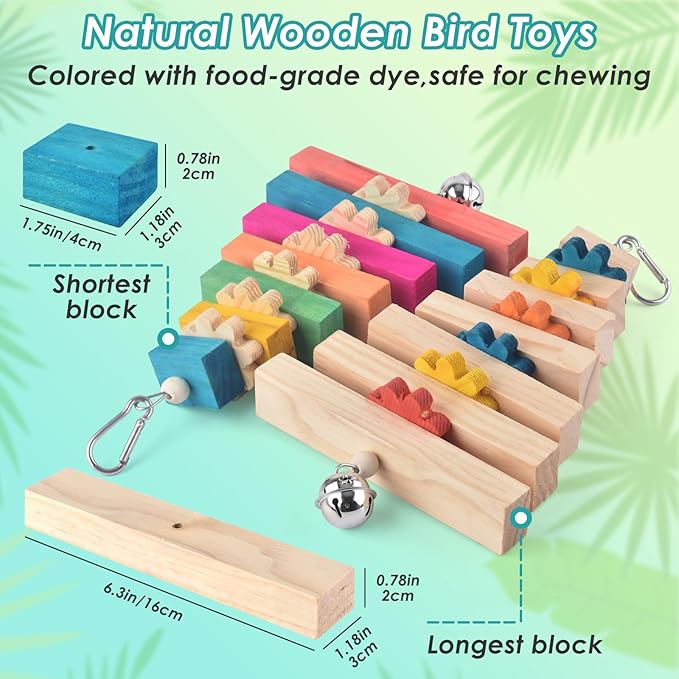 DBNESS 2 Pcs Bird Toys for Parrots, Colorful Natural Large Parrot Toy Hanging Chew Wood Block with Bell for Medium to Large Cockatiels, Eclectus, African Greys, Amazon, Cockatoo