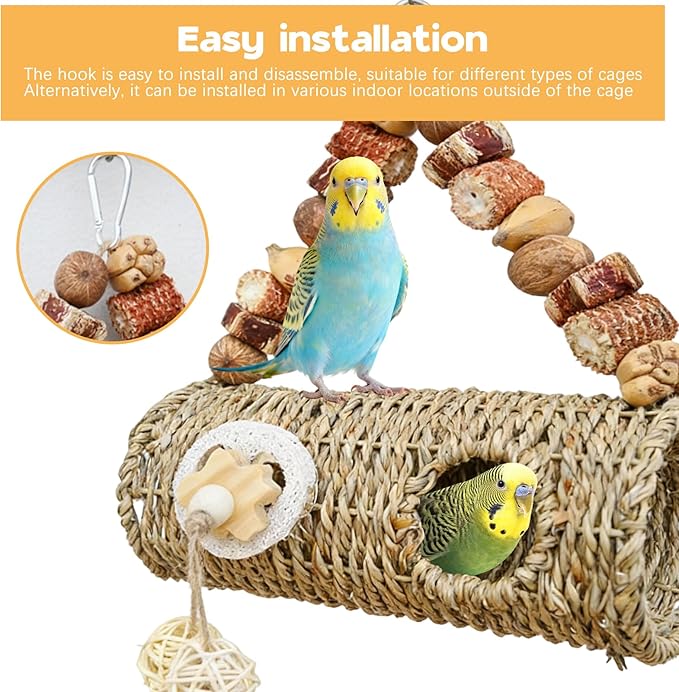 Bird Nest for Cage with Natural Chewing Toys,Hideaway Shelter Hut Parakeet Hanging Bird Tunnel Bed with Handwoven Breathable Seagrass, Small Parakeet Bed for Canary, Budgie Rest & Chew & Play(SD)