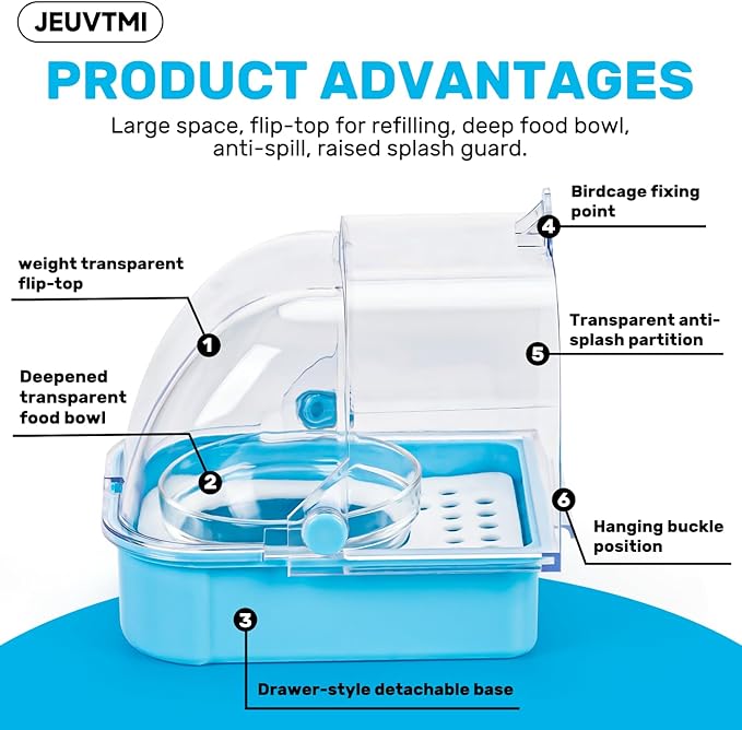 Multifunctional 3-in-1 Hanging Bath Feeding Bowl with Easy Clean Drawer Design for Parrots, Couples, Budgerigars Cage Accessories (Blue)