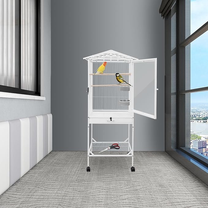 Large Bird Cage, Movable Pet Bird Flight Cage with Wheels(2 Brakes) Openable Top, Pull-Out Tray, Feeder Bowl, Panorama Bird Aviary 18x18x53.5in for Cockatiel Budgerigar Lovebird(White Style3)