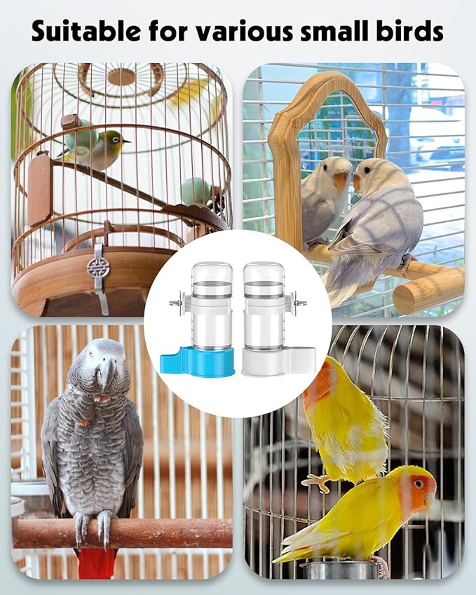 Pawfly 2 Pcs Bird Water Dispenser, Automatic Bird Water Feeder, Plastic Bird Cage Water Dispenser, White&Blue Parrot Waterer for Parakeet Cockatiel Budgie Lovebirds (Not Fit for Food Feeding)