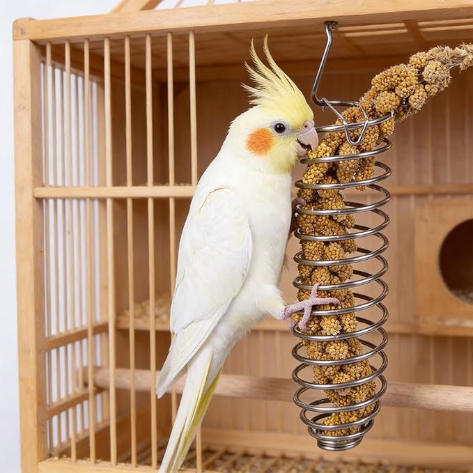 Millet Holder for Bird Cage, Bird Foraging Toy Feeder for Parrots Parakeet Cockatiel, Stainless Steel Bird Treat Holder and Fruit Vegetable Food Basket, Bird Cage Accessories for Play
