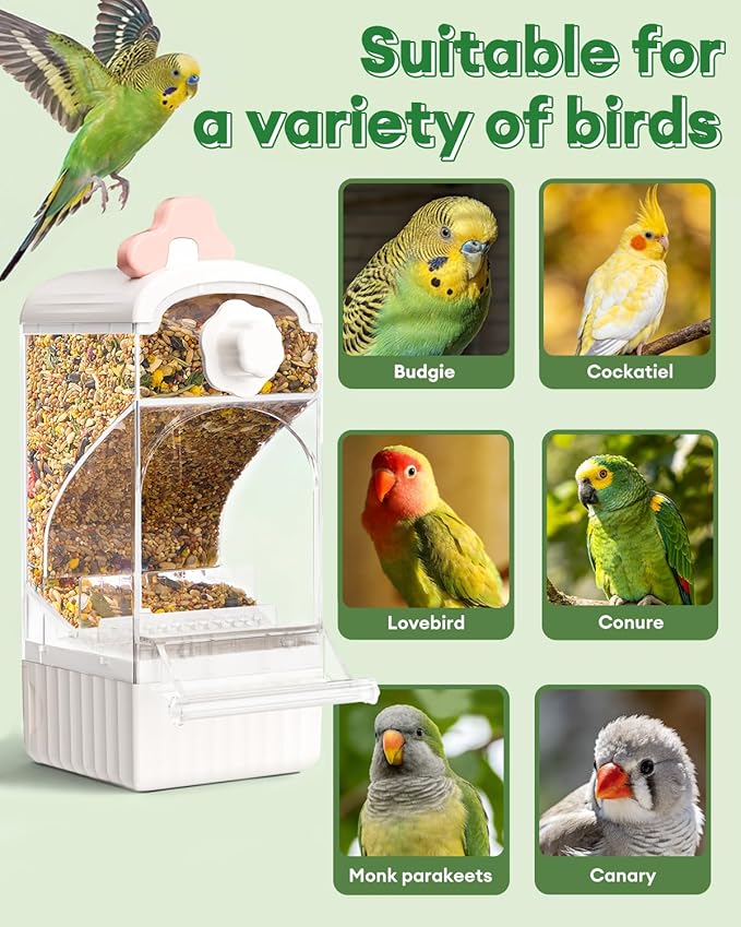 Bucatstate Automatic Bird Feeder for Cage, No Mess Self Cleaning, Large Capacity with Waste Drawer, No Installation Required, Parakeet Feeder for Parrots Budgies Cockatiels Canaries (Pink White)