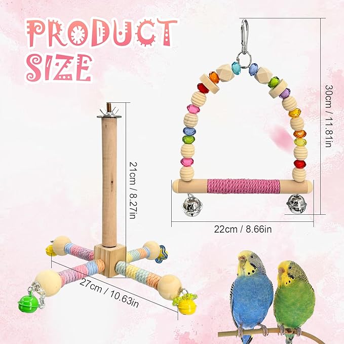2 Pcs Parakeet Toys with 9 Inch Hanging Perch & 7.8 Inch Wooden Swing,Wooden Bird Cage Accessories to Relieve Boredom and Anxiety,Excellent for Parrots, Budgies, Cockatiels and Other Pet Birds