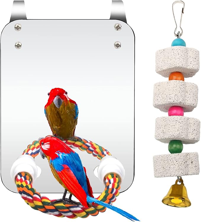Catcan Bird Cage Mirror, Bird Mirror with Perch Rope for Cage Cockatiels Cotton Rope Standing Bar Parrot Mirror with Parrot Molar Toy Pendant