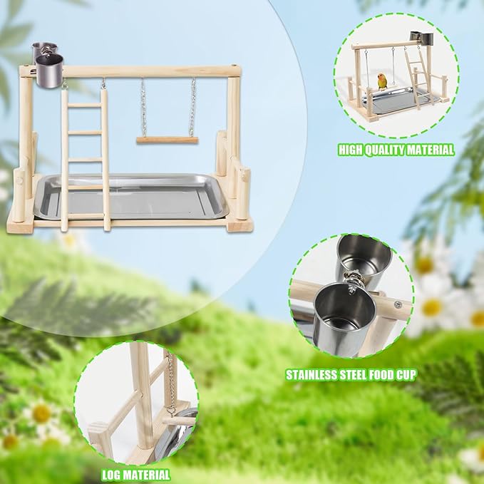 Bird Playground, Natural Wood Bird Perch Stand with Removable Tray and 2 Stainless Steel Feeder Cups, Parrot Playstand Bird Cage Toys for Conure Parakeet Cockatiel Parrot (B)