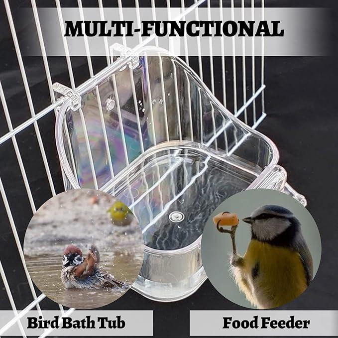 Bird Bath for Cage- Multi-functional Bird Bath Tub Hanging Parrot Bathtub Shower Box Food Feeder Cage Accessory for Small Birds Canary Budgies Parrots Cockatiel Lovebird Hamster (Transparent)