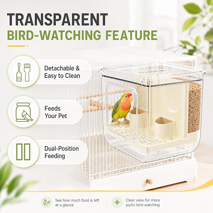 No Mess Automatic Bird Feeder, Transparent Seed Food Container for Bird Cage, Multifunctional Parrot Feeder for Budgies Lovebirds Cockatiels Canaries (1 Pack)