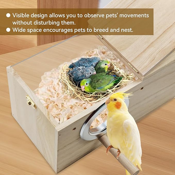 Large Parakeet Nesting Box,Transparent Parrot Breeding Box with Detachable Wooden Board Acrylic Visible Bird Cage House with Perch for Cockatiel Conure Budgie Lovebird Finch
