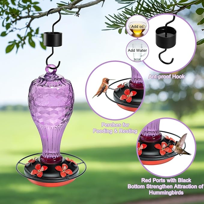 20 oz Hand-Blown Glass Hummingbird Feeder, Hanging Hot Air Balloon Design, Leak-Proof Silicone Seal, Ant-Proof, Outdoor Garden Decor Gift for Mom, Purple