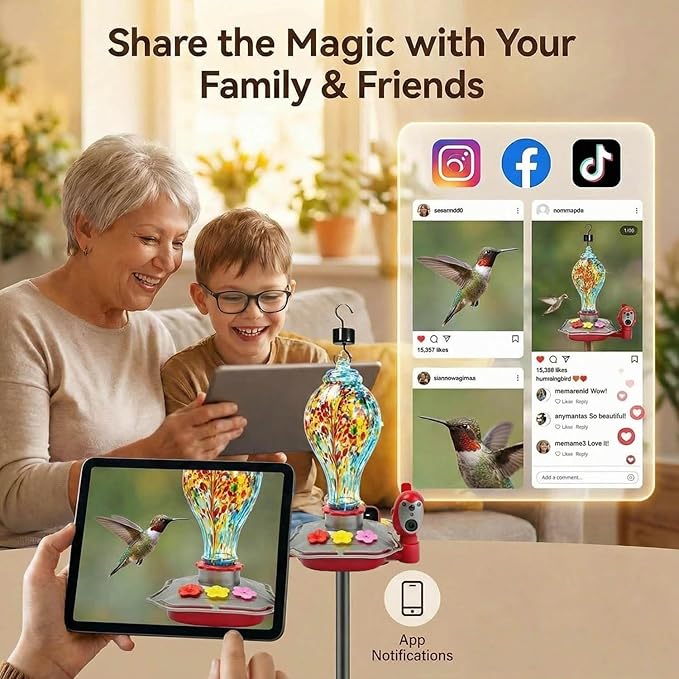 Hummingbird Feeder with Camera, Smart Glass Humming Bird Feeder Camera Solar Powered, AI Identify and Instant Notifications, 2K Live View, Leak-Proof Ant & Bee Proof