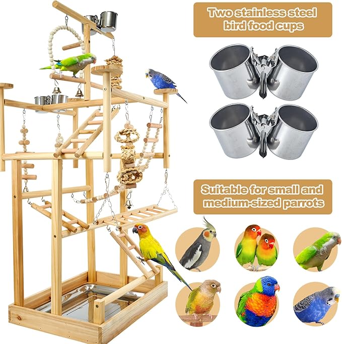 LIMIO Bird Playground - Natural Wood Parrot Playstand with Perches, Bird Play Gym & Accessories, Removable Tray & 4 Stainless Steel Cups