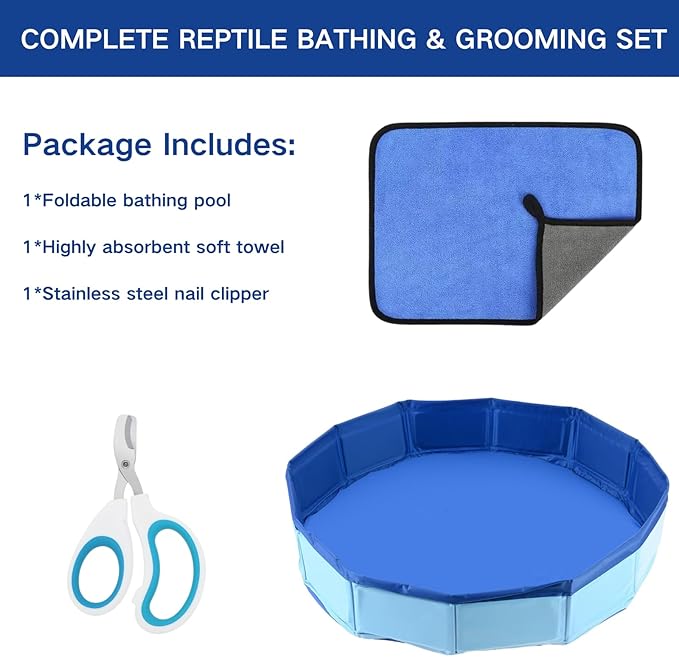Bearded Dragon Bath Set - Foldable Bathtub with Towel & Nail Clippers Reptile Swimming Pool Lizard Accessories for Geckos Tortoises Ferret Small Animal Grooming Kit (Blue, 19.7 inch)