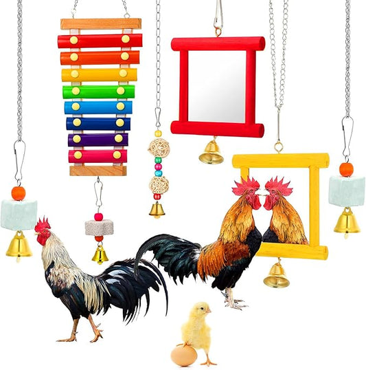 Sumind 6 Pieces Chicken Mirror Chicken Toys for Coop with Bells, Hen Xylophone Toy with 8 Metal Keys, Parrot Grinding Stone, Sepak Takraw Toy, Dangling Bird Toy