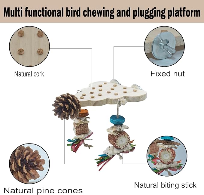 2 Pack Parrot Toys, Parrot Wooden Toys Long Tailed Bird Toys with Pure Natural Corn Sticks and Pure Natural Pine Cones, Fun Bird Cage Accessories (Platform & Platform)