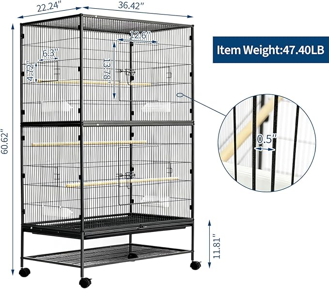 60" H Large Bird Cage, Rolling Bird Cage with Storage Stands, Feed Bowls, Wide Flight Parakeet Cage for Macaw, Parakeets, Conures, Cockatiel, Cockatoo