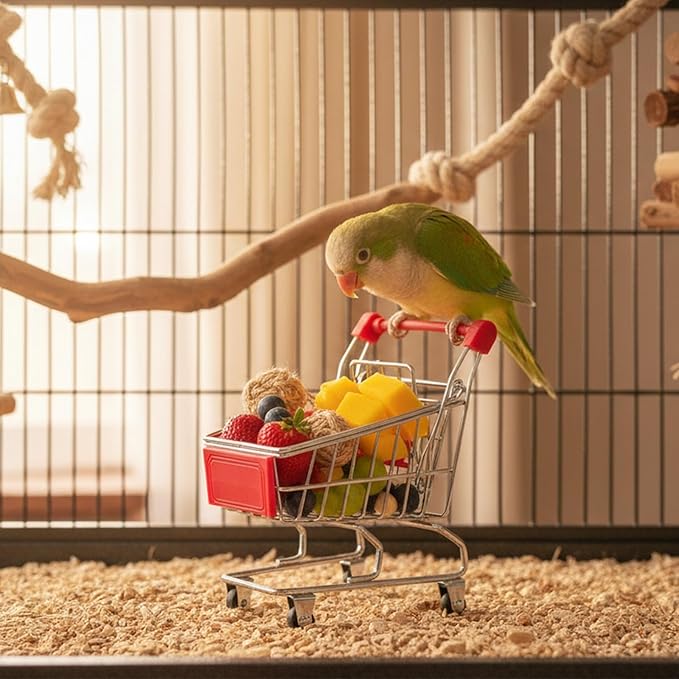 Hypeety Bird Toys Mini Shopping Handcart Trolley Parrot Intelligence Training and Playing Toy for Parakeets Budgies Cockatiel Conures Caique Quaker Lovebirds (Red)