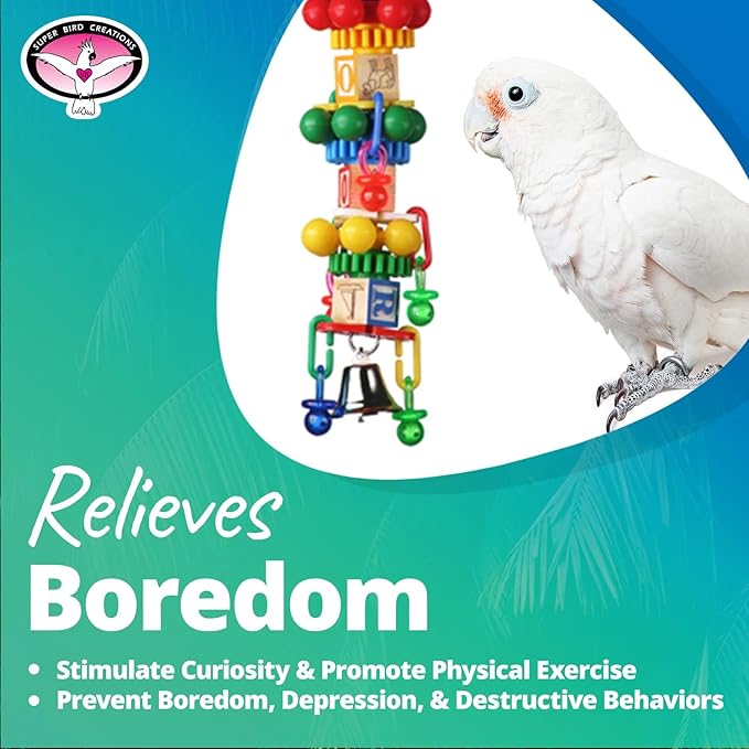 Super Bird Creations SB676 Spin Tower Bird Toy - Enrichment & Boredom Relief Toys for Amazons, African Greys, Parrots, Small Cockatoos, Mini Macaws - Textured Toy - Large Bird Size, 13" x 3" x 3"