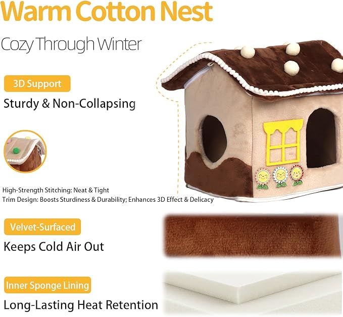 Bird Bed for Cage & Parakeet Nest - Winter Warm Plush Cotton Hanging Hammock, Dual Use Hideaway for Cockatiels, Budgies (Brown)