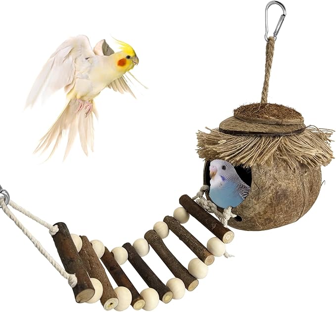 PINVNBY Hanging Coconut Bird Nest Hut with Ladder, Natural Coconut Hide Lovebird House Fruit Wood Bird Swing for Parakeet Cockatiel Budgie Conure Canary Finch Budgies