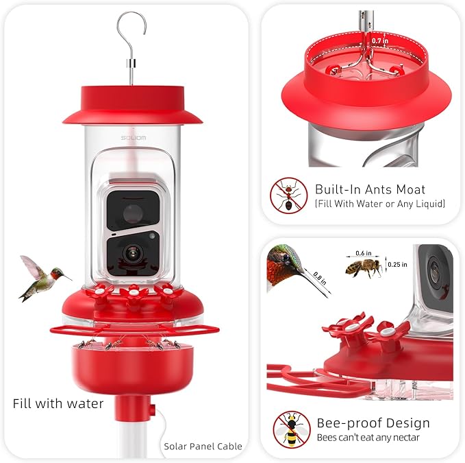 Soliom Hummingbird Feeder with Camera, Smart Feeder Camera with 2K Live View AI Identify, Leak Proof&Ant Moat&Bee Proof, Outdoor Pole/Hook Hanging, Ideal Gift for Family, 16 OZ Red