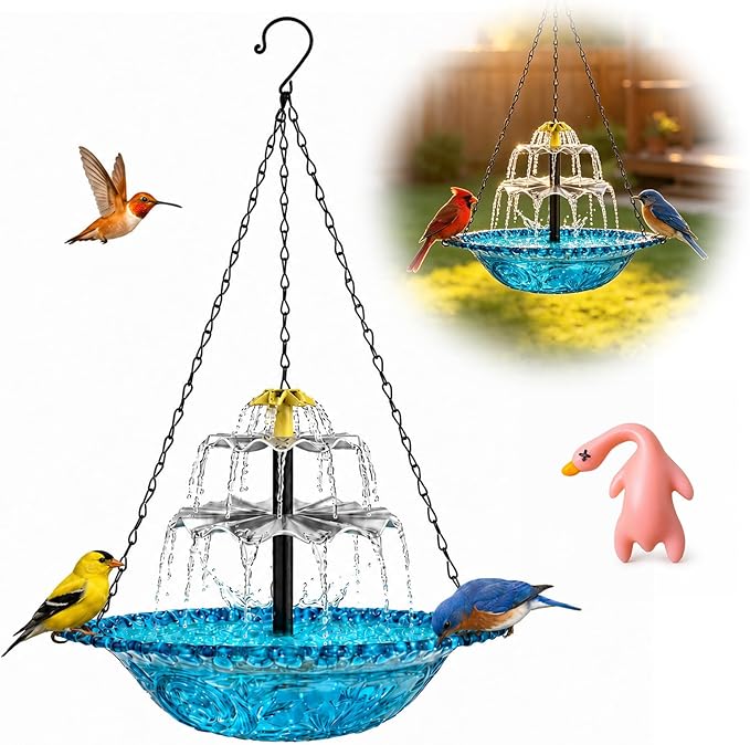 Solar Cascade Hanging Bird Bath Fountain, Large Plastic Bowl with Hanging Chain for Outside Garden Patio and Yard Decor (Blue)