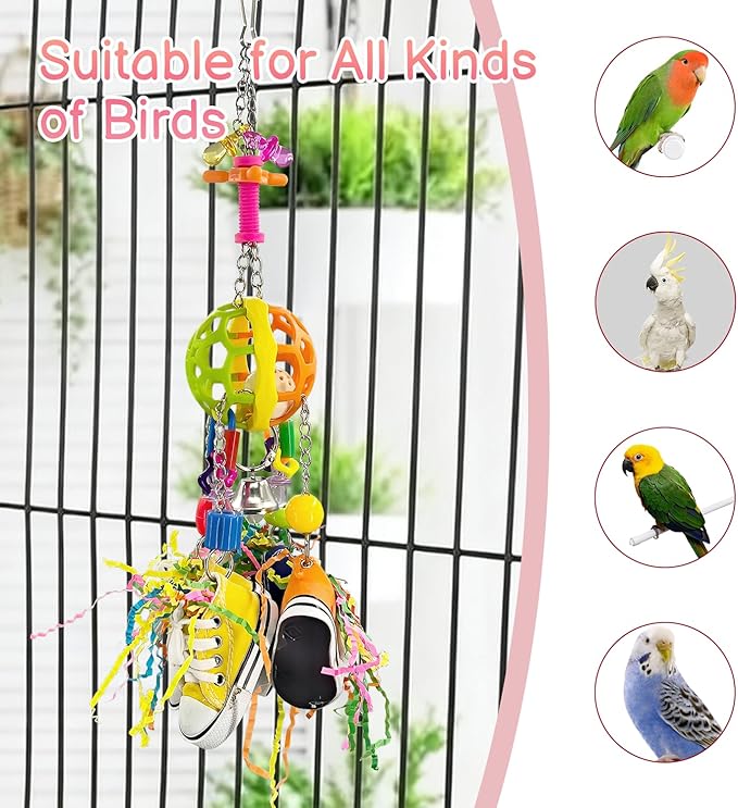 Bird Toys, Interactive Chew Toy, Pullable Colorful Sneakers & Acrylic Sticks for Moderate-Sized Parrots Like Quaker Parrot, Caique, Senegal Parrot and Small Parrots Like Cockatiels, Lovebirds