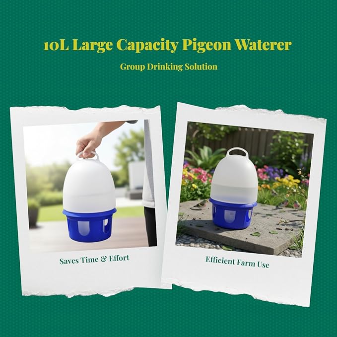 Pigeon Drinker Bird Water Drinker Bucket Cage Accessories Pigeon Water Dispenser for Pigeon Peacock Pet Supplies Farm Chick, 10L Big Handle
