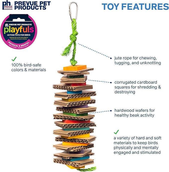 Prevue Pet Products Shredding Stack Playfuls Bird Toy - Accessories for Cockatiels, Parakeets, Canaries, Conures, and Small to Medium Birds, Hanging Cage Accessory for Shredding, Chewing, and Foraging