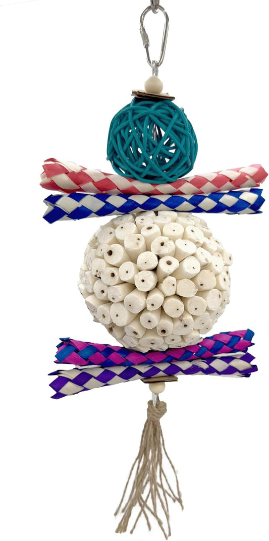 1703 Large Rainbow Rattan Sola Shredder - Handcrafted hanging foraging bird cage toy, Colorful rattan vine ball, Natural sola wood ball, Chewy bamboo finger traps, Natural jute twine, Lightweight part