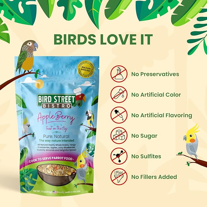 Bird Street Bistro Cockatiel Food Sample 3 Pack - Cooks in 3-15 min w/Natural Whole Grains - Healthy Non-GMO Fruits, Dried Vegetables, Health Orientated Spices