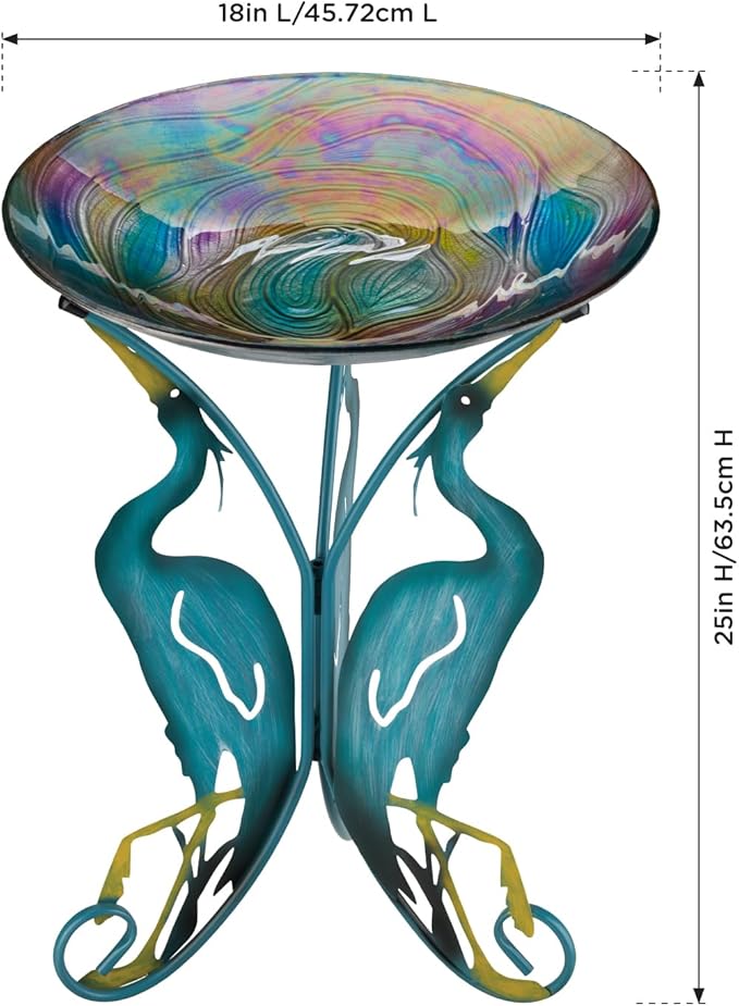 Regal Art & Gift 25" Bird Bath with Decorative Stand - Durable Glass Bowl with Heavy-Duty Metal Stand, Easy to Fill, Ideal for Patio, Porch & Garden Décor - Heron