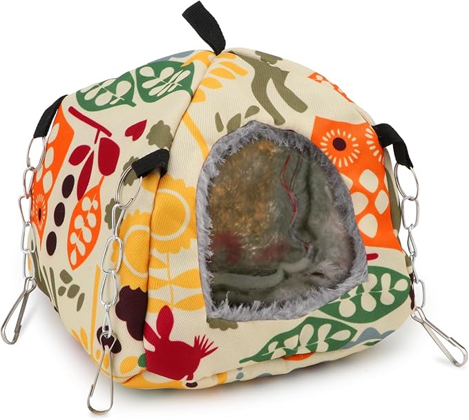 Wontee Bird Plush Hammock Parrot Hanging Snuggle Cave Happy Hut Tent for Parakeet Cockatiel Conure Lovebird Budgie Hamster Gerbil Rat Chinchilla Squirrel Cage (S, Beige Pattern)
