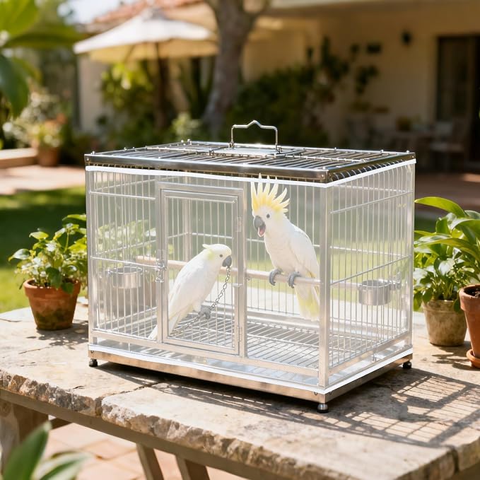 Fengek 2 Pcs Adjustable Bird Cage Cover & Seed Catcher Net - Stretchy Bird Cage Accessories for Night Cover & Seed Guard (White + Black, XL)