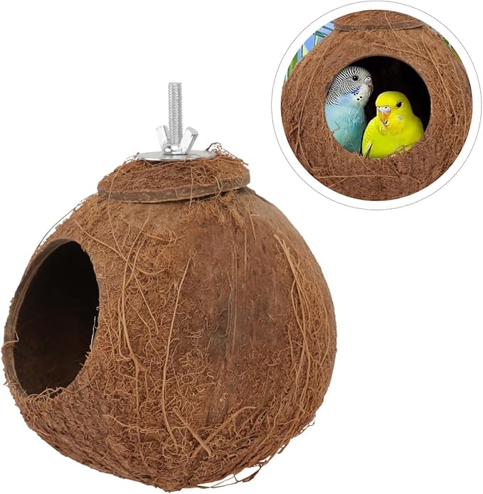 Balacoo Coconut Shell Parrot Nest Toy - Interactive Biting Plaything for Parakeets, Cockatiels, and Small Birds - Hanging Birdhouse(6.69 Inch)
