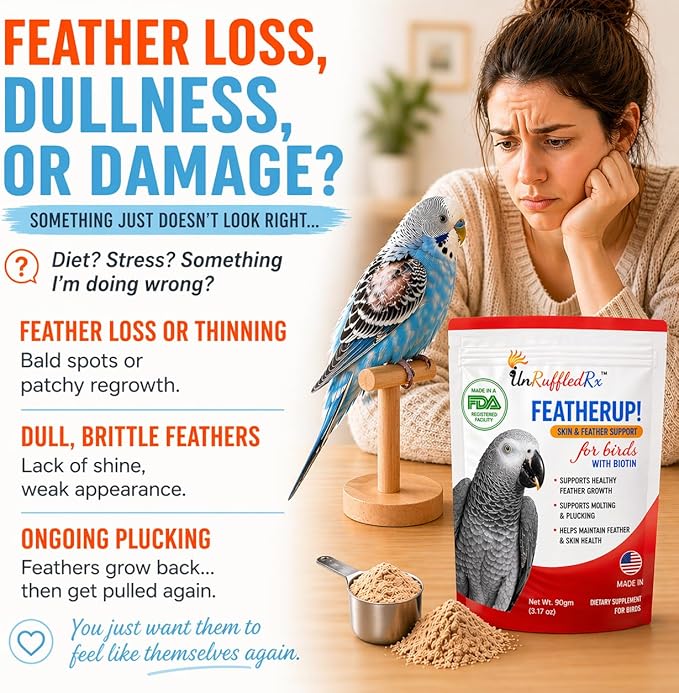 UnRuffledRx FeatherUp! Bird Molting Support & Feather Growth Supplement - for Plucking, Regrowth & Molt - Multivitamin & Amino Acids for All Birds - 90g (240 Servings)