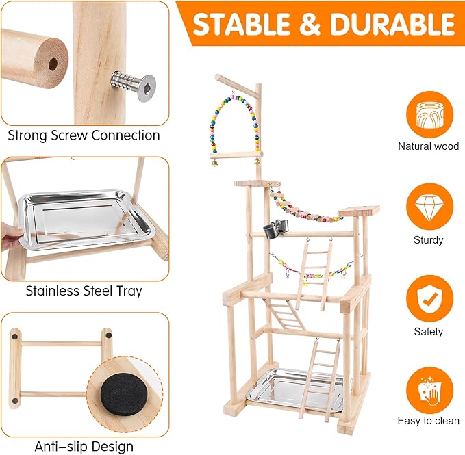 Bird Playground 4 Tier, Parrot Perch Stand Bird Play Stand with Feeder Cups, Ladder, Chain Toy, Swing and Detachable Tray, Parrot Playground for Parakeet Conure Cockatiel Lovebird Budgie