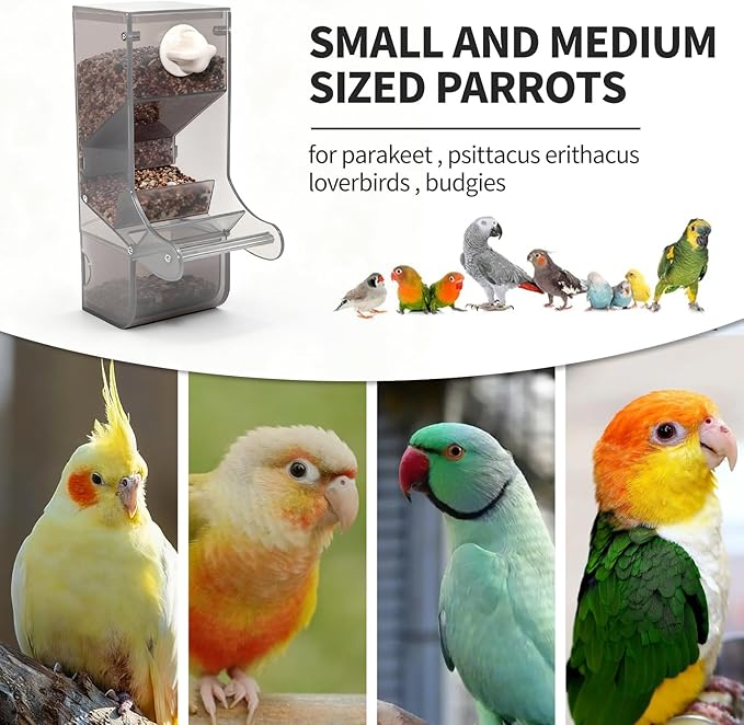 AOTU Automatic No Mess Bird Feeder for Cage - Crack-Resistant Plastic Bird Cage Seed Catcher Clear Bird Cage Feeder for Small Medium Birds Parrots Cockatiels Parakeets Conures Canaries (Light Gray)