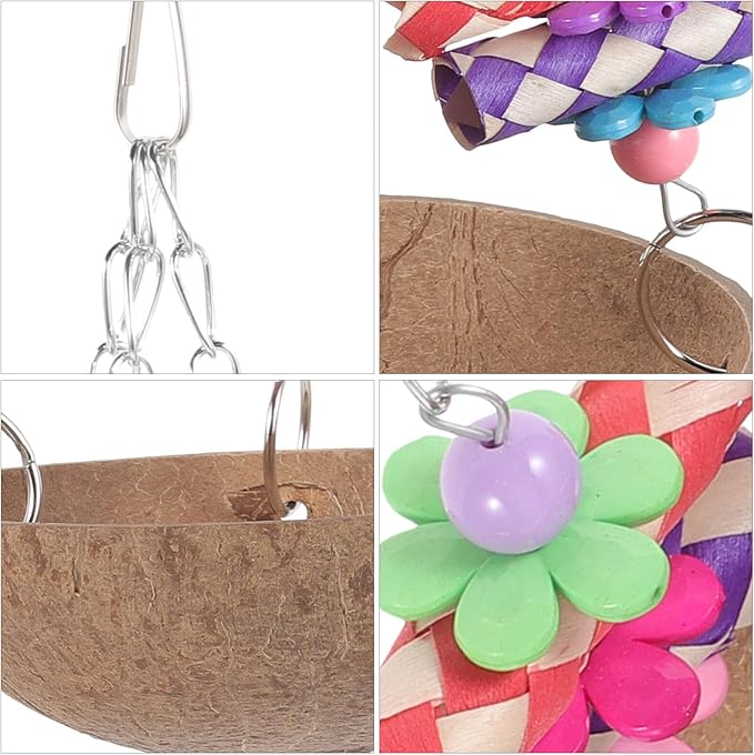 Bird Hammock Coconut Shell Hamster Nest Parrot Cage with Chain Charm and Fake Flower for Pet Hanging Bed (5x11”)