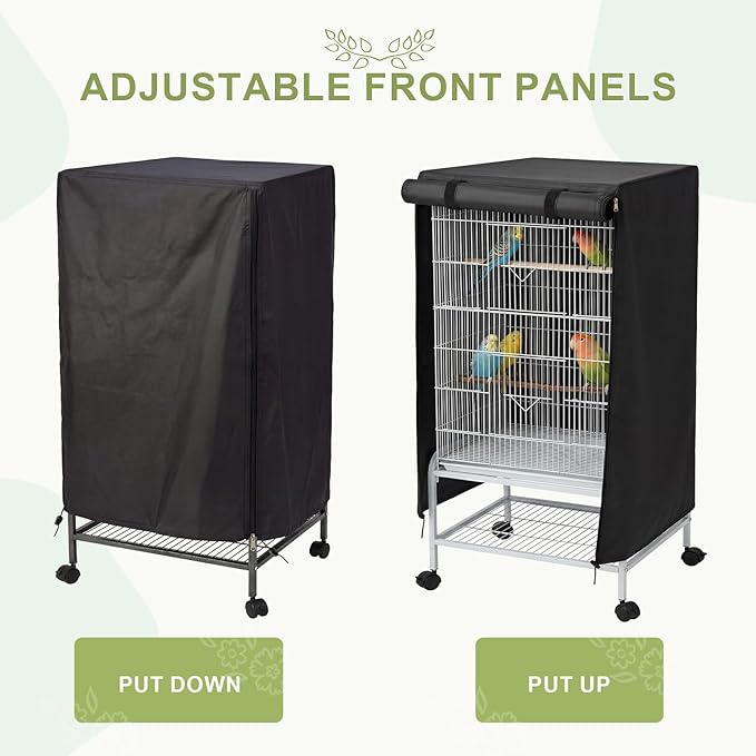 Black Bird Cage Cover, Adjustable with Zipper Panel and Velcro, Block Light and Waterproof, Good Night for Parrot and Small Animals, Size M