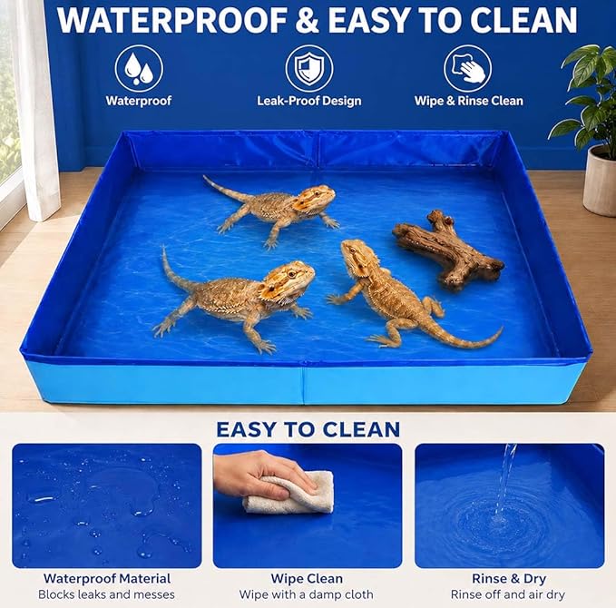 Large Foldable Reptile Bath Tub, Square Bearded Dragon Bath and Bathtub for Bathing and Soaking, Portable Pet Pool for Bearded Dragons, Turtles, Lizards and Small Animals