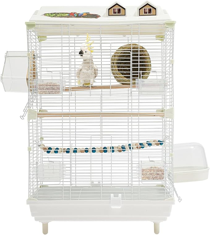 2-Door Wrought Iron Bird Cage Parakeet Cage with Roof, 30" H Parrot Cage Pet Birds Flight Cage w/Ladder & Nest, Interactive Birdcages Bird House Travel Cages for 4-6 Small Birds (Iron Mesh)