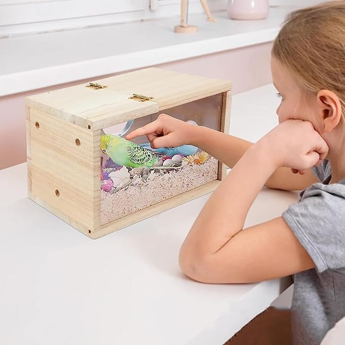 Parakeet Nesting Box with Perch, Small Bird Breeding Box with Transparent Window, Natural Wood Bird House for Cage for Parrot Cockatiel Lovebirds Budgie Finch Parrotlets Canary, Medium (5.9*5.9*11.6")
