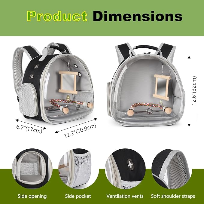 Bird Travel Carrier Bubble Window Backpack with Mirror Parrot Standing Toy,Portable Parrot Cage Backpack with Stand Perch, Pet Travel Bag for Cockatiels,Parrots,Love Bird,Small Birds