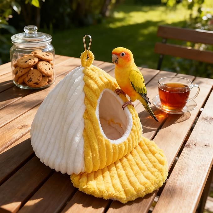Bird Hanging Hammock Nest Parrot with Soft Plush Hanging Hammock & Hut Tent for Cage Winter Bird Hideaway Hut for Cockatiels Budgies Parakeets Lovebirds Conures Hamsters (Yellowish-White L)