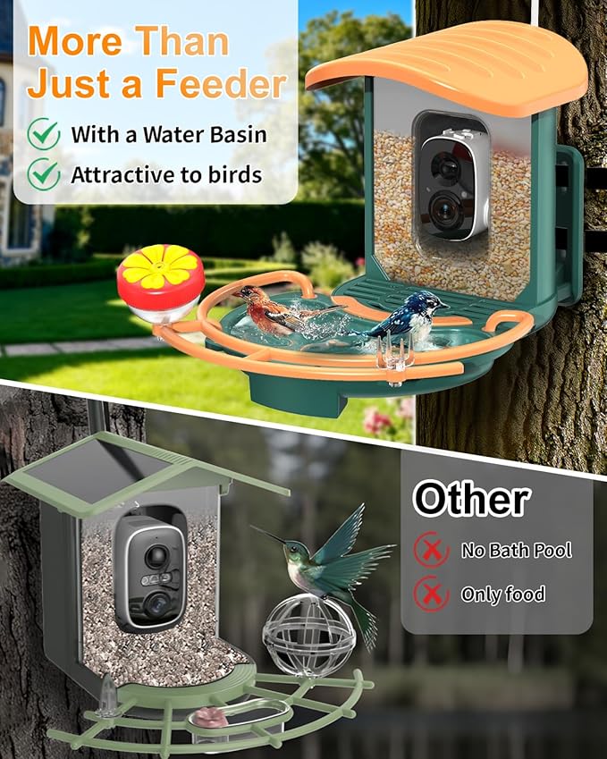 Bird Feeder with Camera, 2K HD Camera Birds Feeder with AI Bird Recognition, Solar Powered Smart Birdfeeder with Bath, App Control, Color Night Vision, Gift Box Package, Easy Install