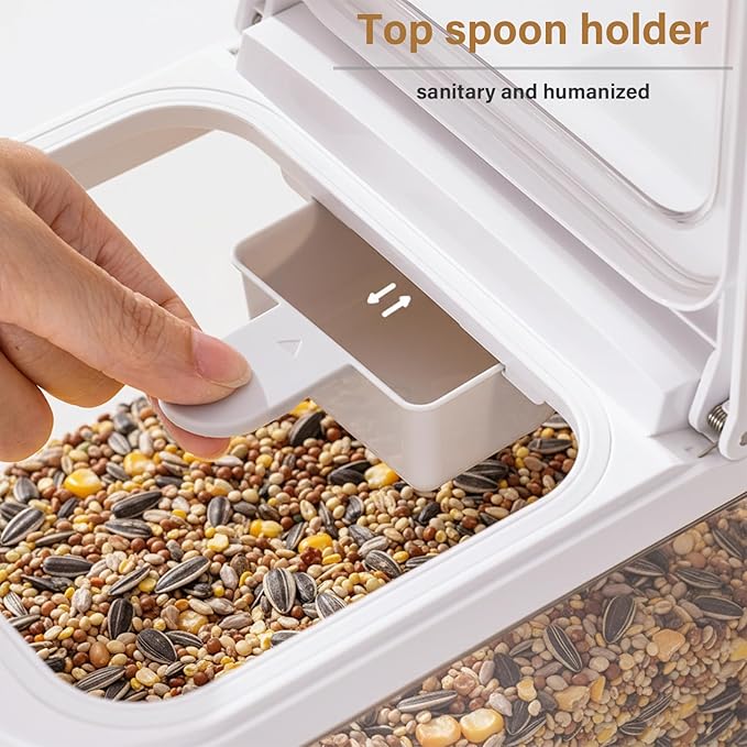 Bird Seed Storage Container, 5.4 Qt/6 L Pet Food Container with Measuring Cup & Stainless Steel Bird Feeder Bowl, Airtight Wild Birds Seed Dispenser, Plastic BPA Free, Clear