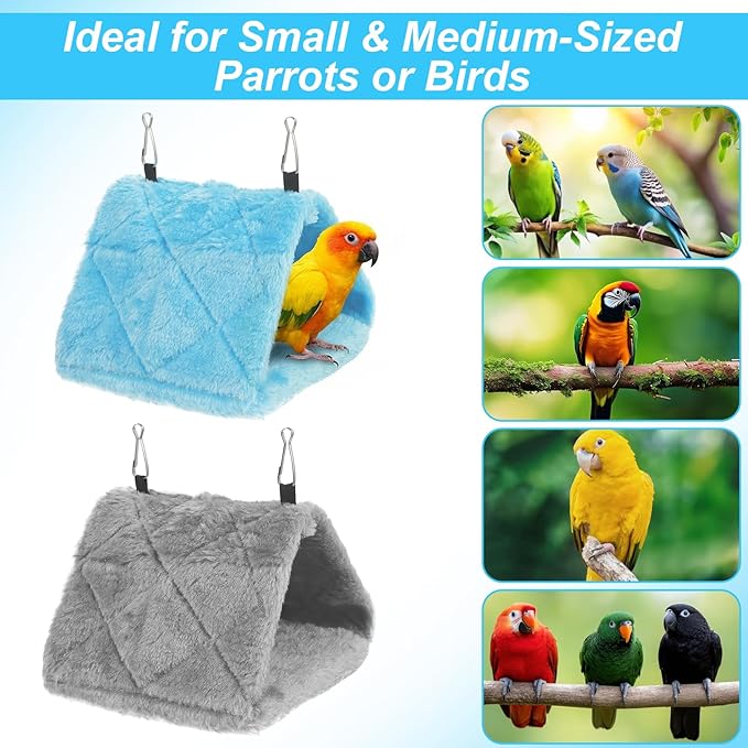 2Pcs Bird Nest Hammock, Birds Hut for Cage, Warm Plush Snuggle Cave Hanging Bed, Parrot Sleeping Bed for Budgies, Parakeets, Cockatiels & Small Parrots (Blue & Grey Size S)