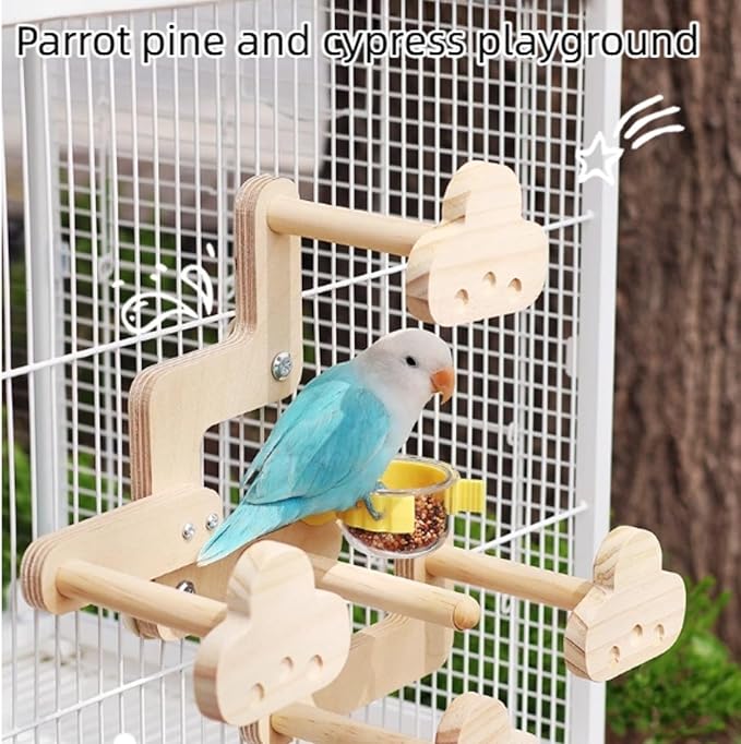 Wooden Playground with 5 Perches for Parrots, Bird Cage Accessories Wooden Playing Gyms Exercise Sturdy for Lovebird Budgie Conure Cockatiel Quaker Caique Small to Medium Parrots